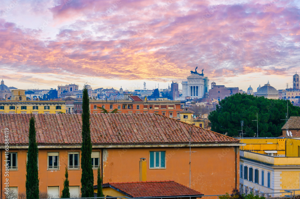 The old residential houses of Rome and Vittoriano Monument from the top of Janiculum Hill, Italy