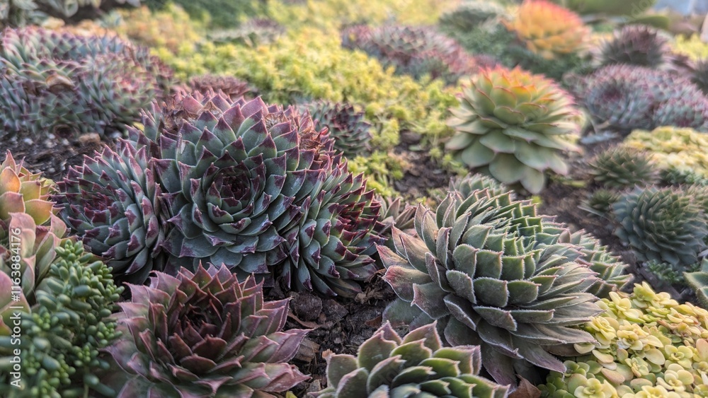 close up view of succulent garden with various species showing intricate geometric patterns and natural color variations close up view of succulent garden with various species showing intricate geometric patterns and natural color variations