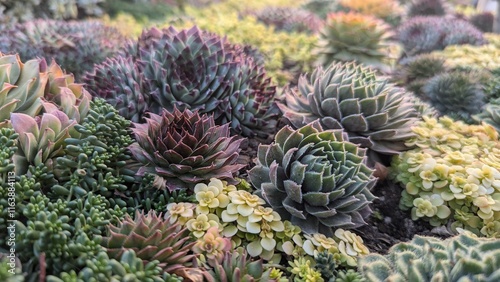 succulent garden with purple and green echeveria varieties growing together in natural light