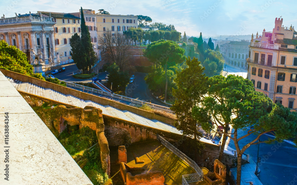 Cordonata Capitolina, the staircases leading to Palazzo Senatorio on Piazza del Campidoglio in Rome, Italy