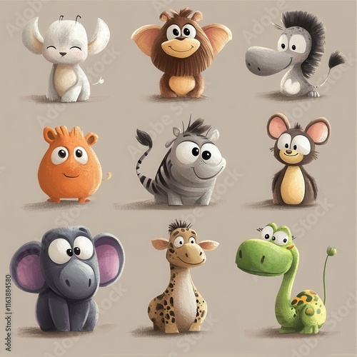 Nine Adorable Cartoon Animals Sitting Together