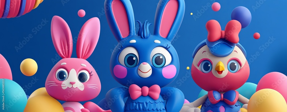 Obraz premium Colorful 3D Illustration of Rabbit, Bird, and Cat Characters