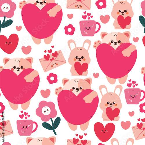 Wallpaper Mural seamless pattern cute cartoon cat and bunny holding pink heart. cute animal pattern for valentine wallpaper, background Torontodigital.ca