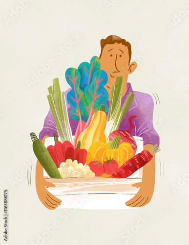 Illustration of a man holding a box of colorful vegetables photo