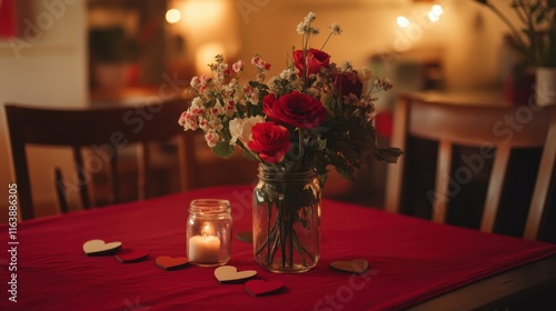 A romantic table setting with flowers, candlelight, and heart decorations.