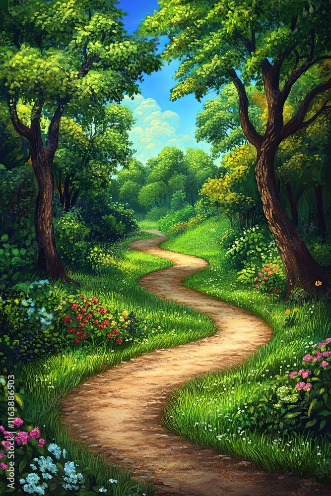 Obraz premium Serene Forest Path with Lush Greenery and Blooms