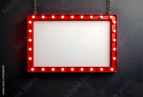 Marquee frame with retro light bulbs. Vintage red light sign boarder for casino, broadway billboard, circus or movie cinema. Rectangle bright signboard for ads, promotion and sale with copy space