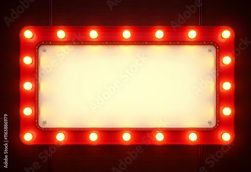 Marquee frame with retro light bulbs. Vintage red light sign boarder for casino, broadway billboard, circus or movie cinema. Rectangle bright signboard for ads, promotion and sale with copy space