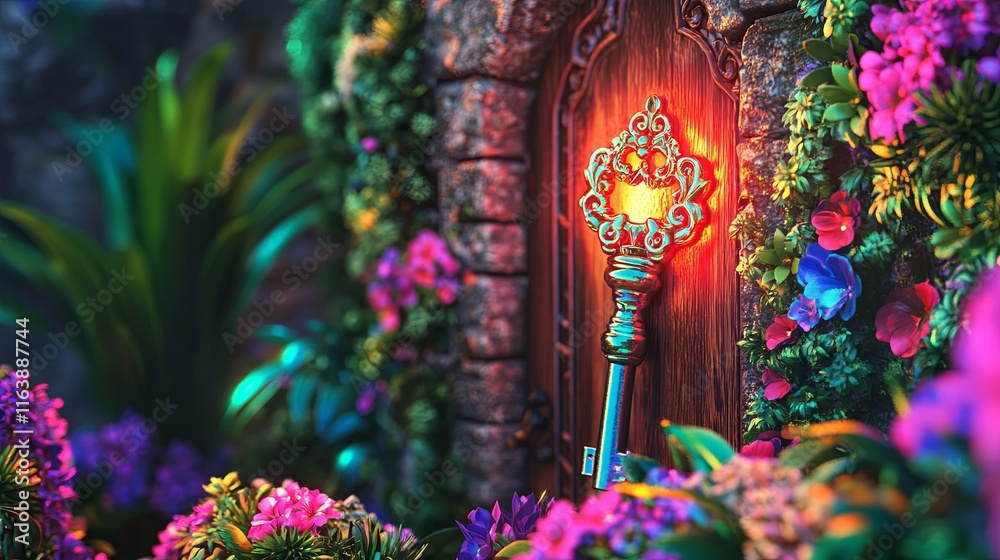 Obraz premium Magical Key Unlocking Enchanted Forest Door