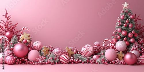 A festive scene featuring a pink Christmas tree and decorations, evoking holiday cheer.