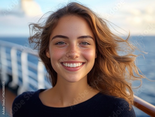 Close up Photo of a Young Woman with Radiant Smile Standing on a Cruise Ship, Hair Blowing in the Sea Breeze