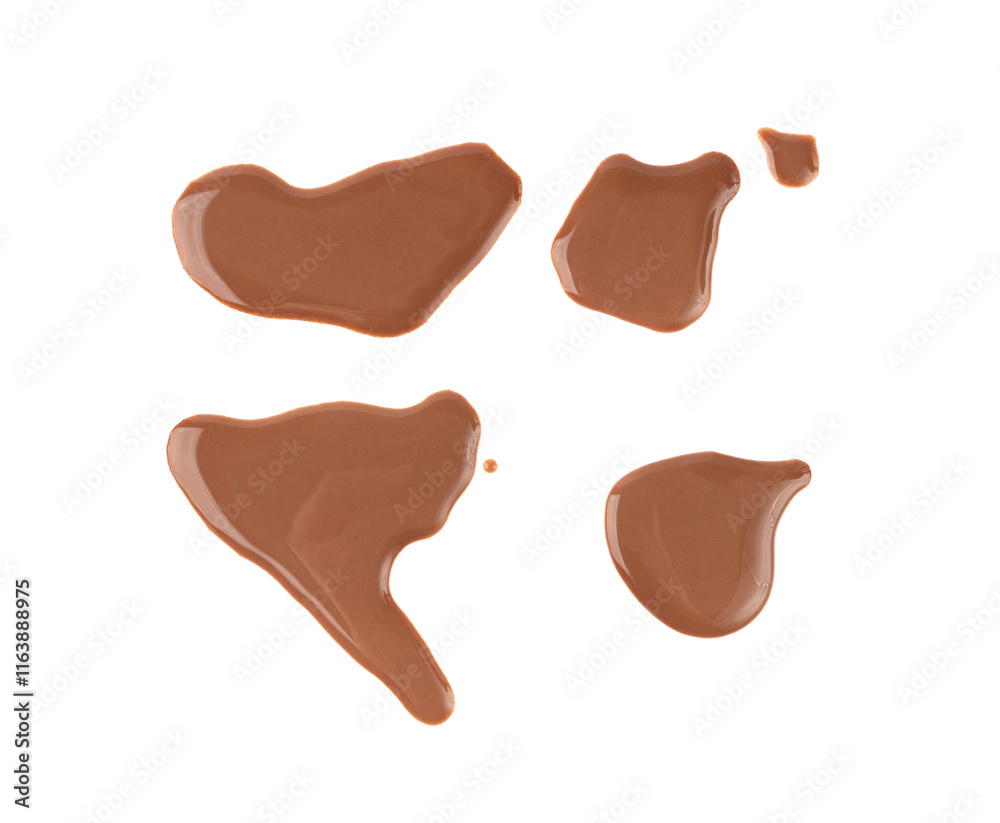 Obraz premium Spilled chocolate milk isolated, hot chocolate puddle, liquid stain, coffee splatter, brown latte