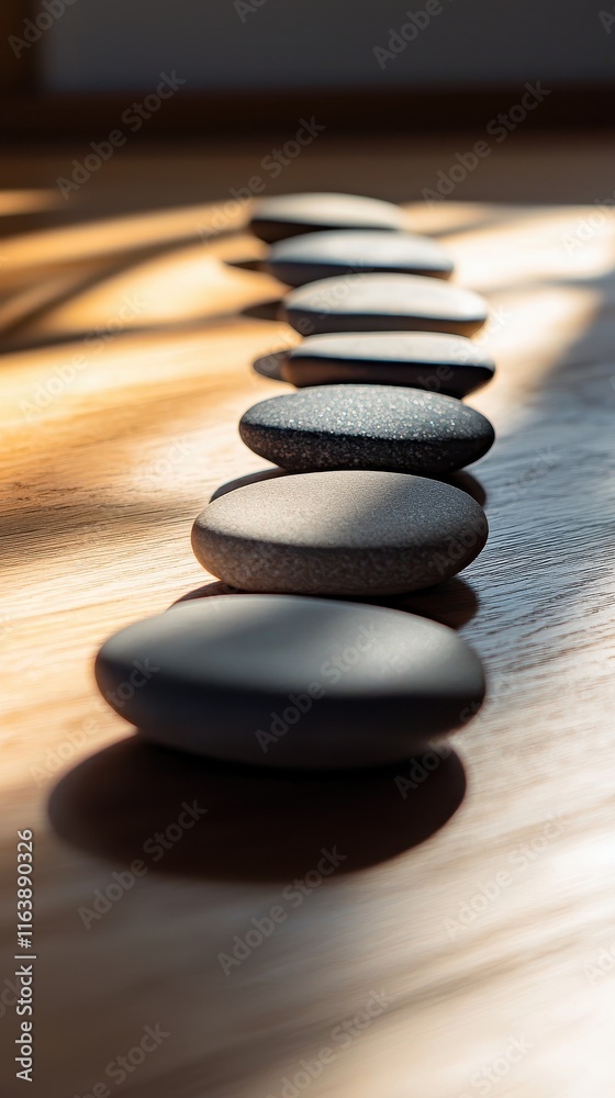 Stylish Liaison Stones Arranged on Wooden Surface in Outdoor Setting Stylish Liaison Stones Arranged on Wooden Surface in Outdoor Setting