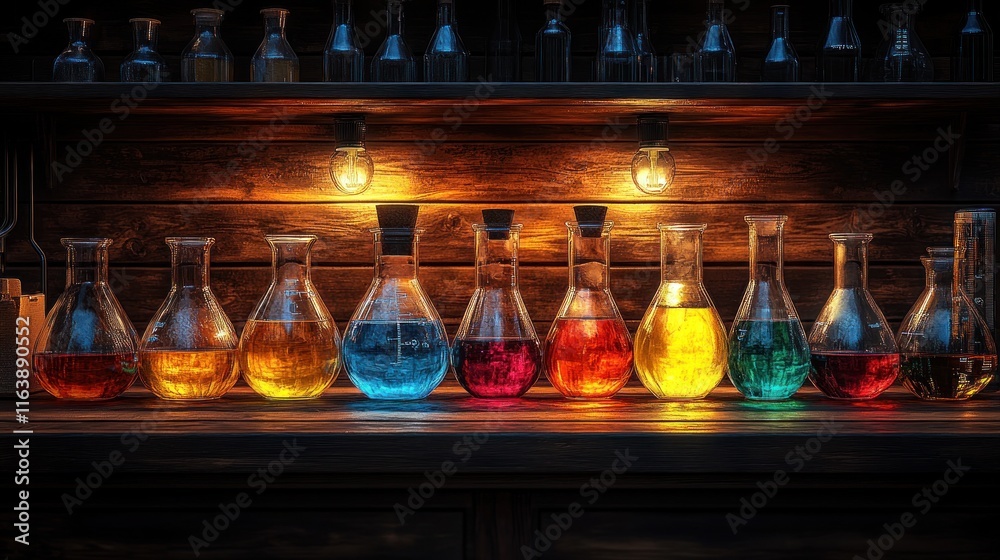 Colorful liquids in glass flasks on wooden shelf. Colorful liquids in glass flasks on wooden shelf.