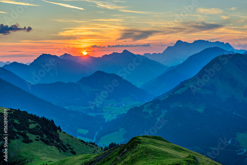 Scenic view of Ammergau Alpes and Zugspitze mountain from Galtjoch at sunrise photo