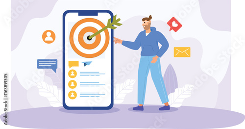 A visually compelling design illustrating targeted advertising strategies, complete with charts, user icons, and creative marketing tools.