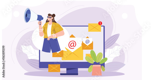 A vibrant depiction of digital campaigns, focusing on email marketing tools, analytics, and collaborative strategy-building for success.