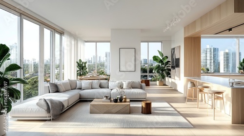 Modern bright apartment living room with city view, L-shaped sofa, wooden coffee table, and kitchen counter.