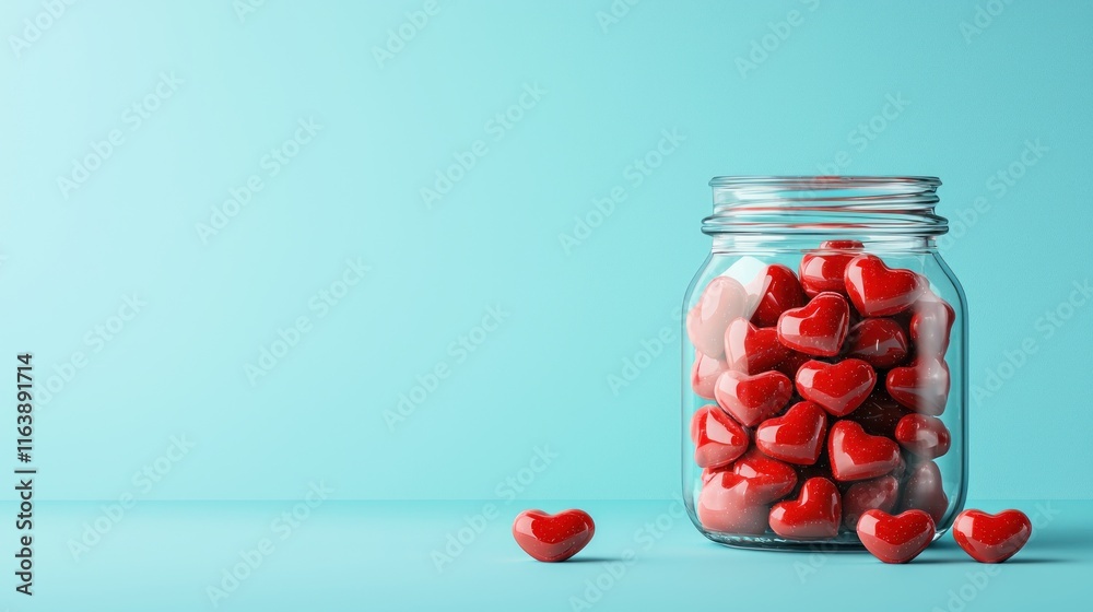Collecting love heart-shaped tokens in a jar minimalist setting indoor close-up view Collecting love heart-shaped tokens in a jar minimalist setting indoor close-up view