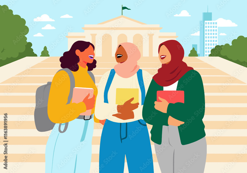 Happy friends standing together in university campus Happy friends standing together in university campus