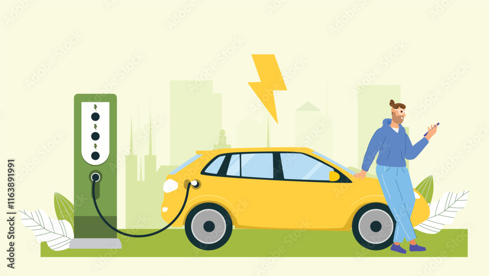 Naklejka premium A modern design focusing on EV charging, featuring sleek stations, eco-friendly themes, and futuristic concepts for sustainable mobility.