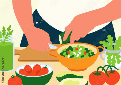 Woman preparing fresh salad at table