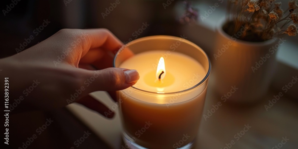 A hand lighting a fragrant scented candle, filling the room with a pleasant aroma. A hand lighting a fragrant scented candle, filling the room with a pleasant aroma.