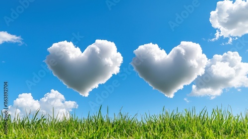 Hearts in the sky dreamy cloud shapes over lush green grass nature tranquil viewpoint