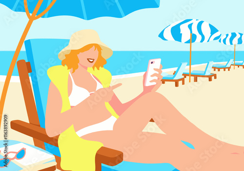 Smiling influencer vlogging on smart phone at beach vacation