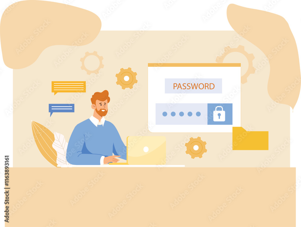 A professional design emphasizing secure online login systems, featuring password protection icons and encrypted digital interfaces.