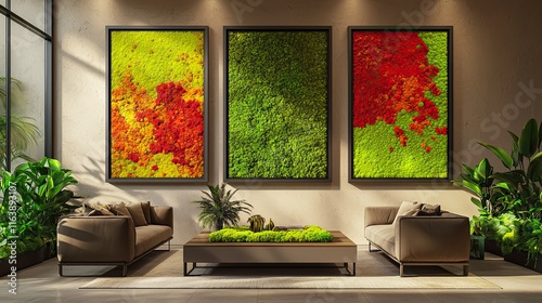 Three large frames with vibrant moss wall art in a modern living room with neutral tones
