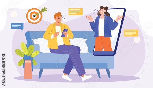 A sensitive depiction of online counseling, emphasizing mental health support with virtual sessions, therapists, and comforting visuals.