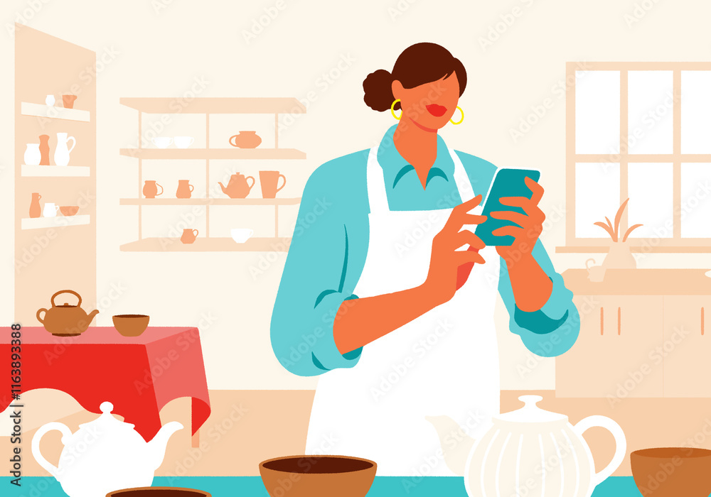 Businesswoman using smart phone in tea shop Businesswoman using smart phone in tea shop