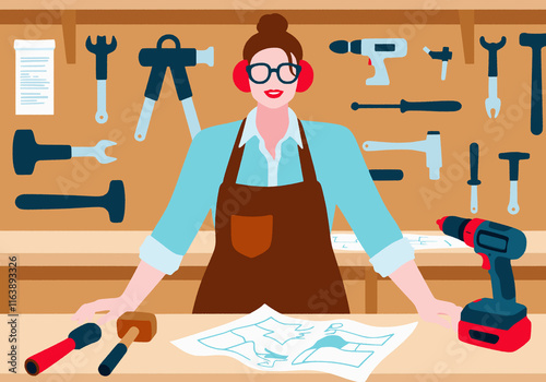 Carpenter with instruction manual and tools at work bench