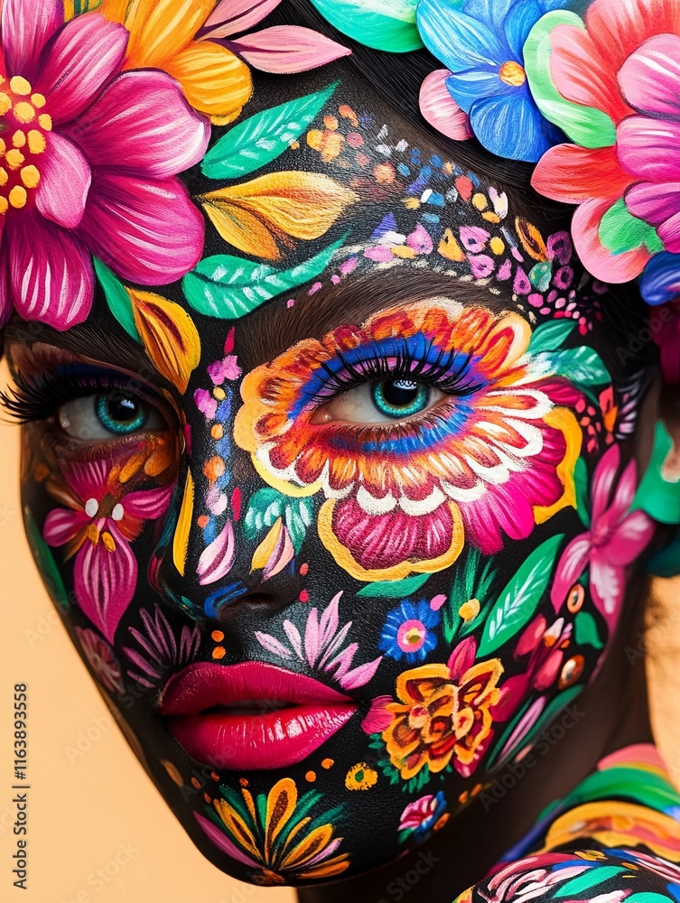Naklejka premium Colorful Floral Face Art Close-Up