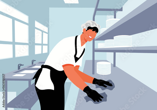 Chef cleaning counter with rags at commercial kitchen