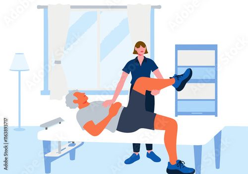 Physiotherapist examining patient lying on bed in clinic photo