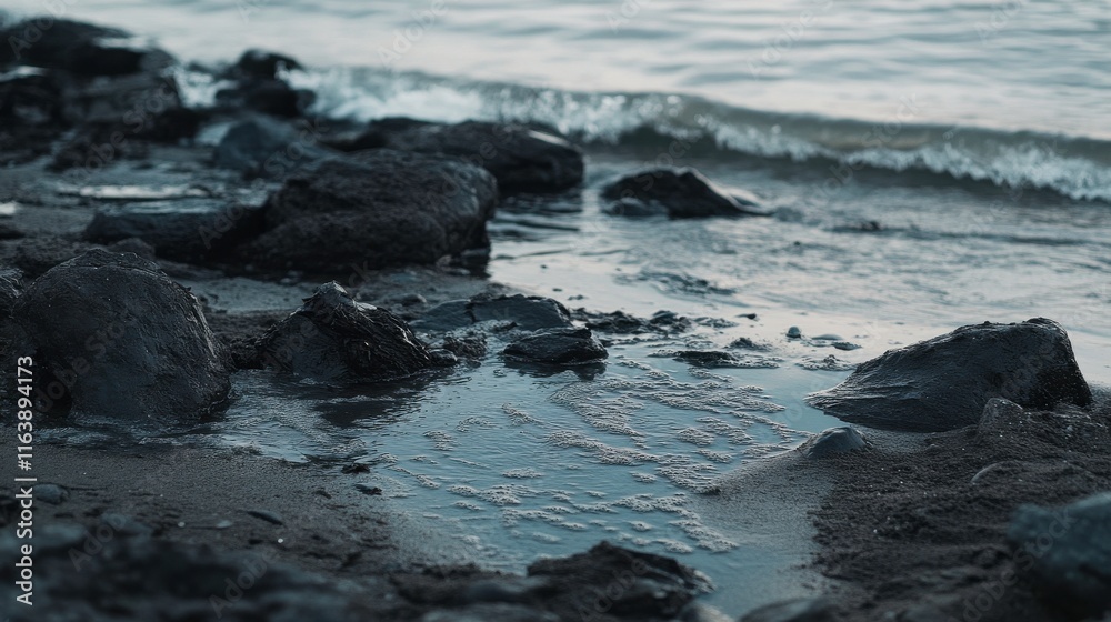 Fototapeta premium Waves Washing Over Rocky Beach at Evening Light
