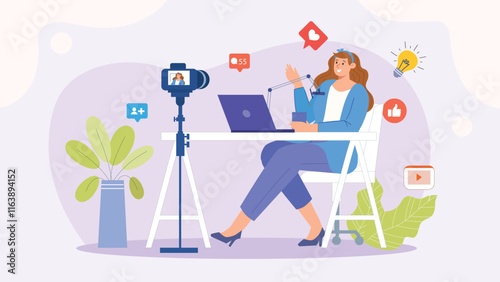 A stylish design capturing a blogger recording a podcast and brainstorming content ideas, showcasing the creativity and effort behind engaging digital media.