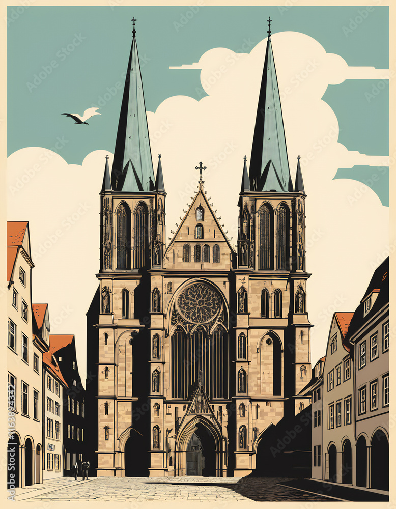 Fototapeta premium Germany: Poster Illustration Travel Print Decor Gift Paper Canvas Wall Retro Art