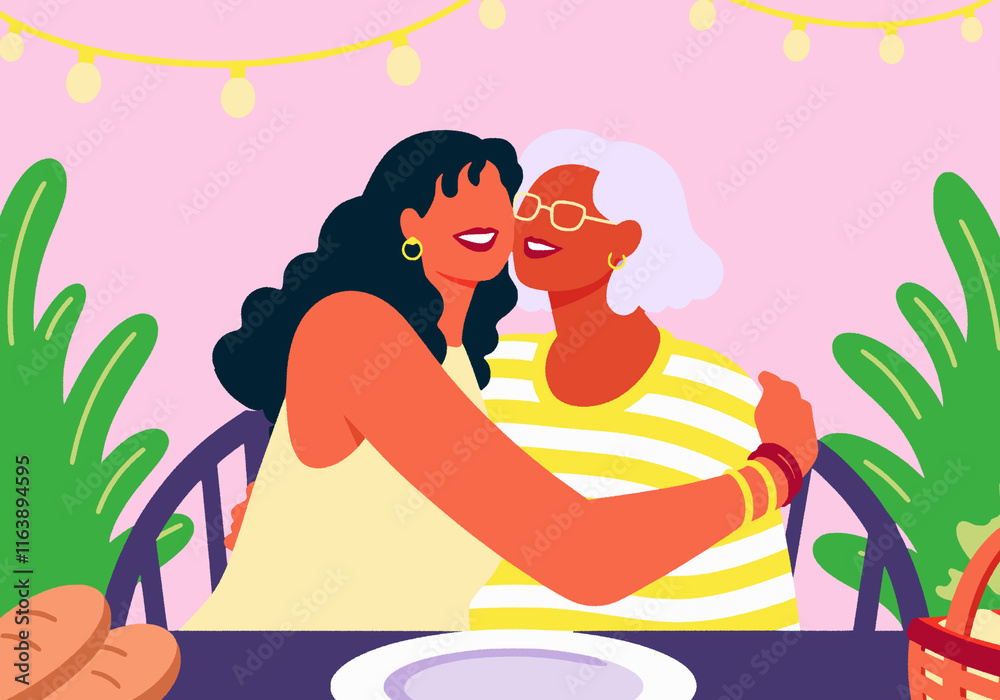 Smiling woman embracing elderly mother at cafe Smiling woman embracing elderly mother at cafe