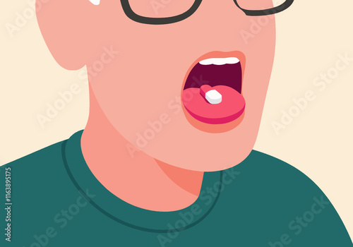 Senior man showing pill on tongue