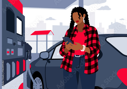 Woman pumping gas and using smart phone standing at station