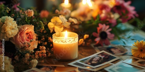 A lit funeral candle on a memorial table, surrounded by flowers and photographs. photo