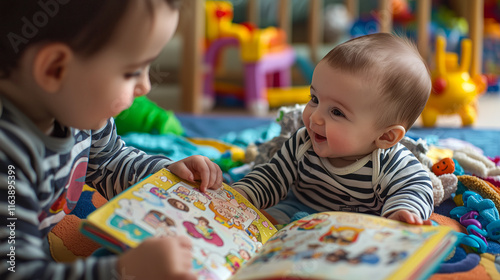 Baby lying on a play mat, giggling as an older sibling reads a picture book