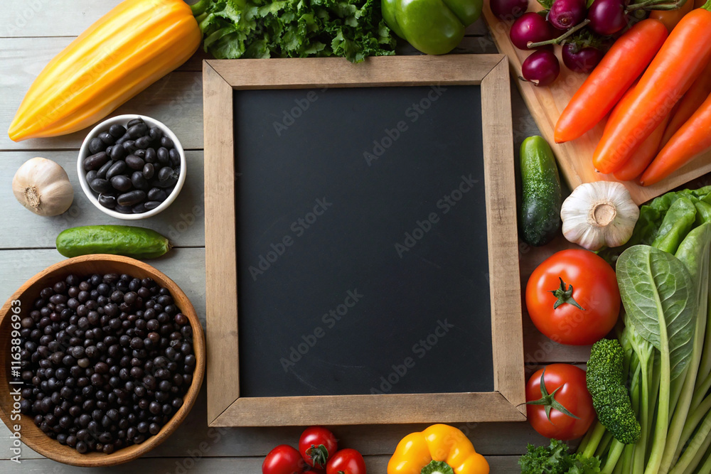 Frame of organic food. Fresh raw vegetables with black beans. On a black chalkboard. Frame of organic food. Fresh raw vegetables with black beans. On a black chalkboard.