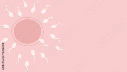 illustration of sperm cells surrounding an egg, symbolizing fertilization, reproduction, conception, and human life creation on a soft pink background
