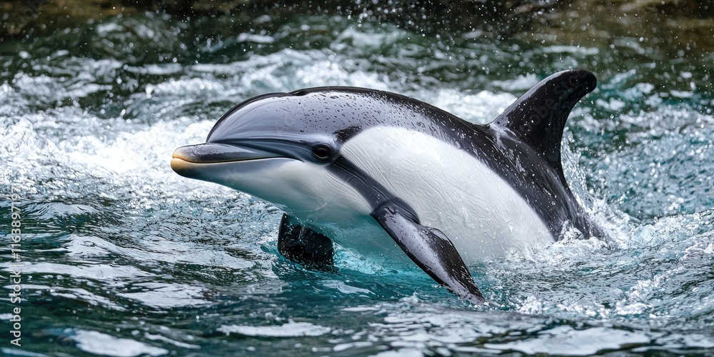 Fototapeta premium A Maui dolphin swimming in its natural habitat, surrounded by the Pacific Ocean.
