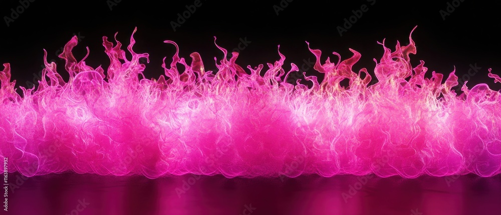 Obraz premium Pink fire flames burning intensely against a black background, reflecting on a surface.