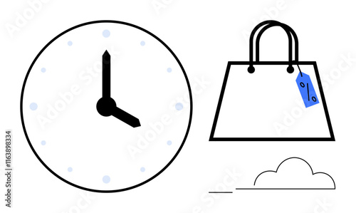 Clock showing time, shopping bag with blue price tag, minimal cloud. Ideal for e-commerce, time management, punctuality, retail promotion, bargains minimalism online shopping. Clean abstract line